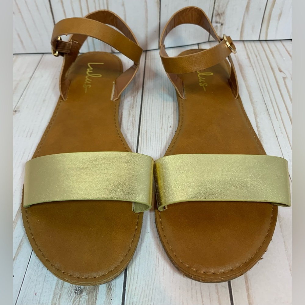Lulus Womens Metallic Gold and Tan Ankle Strap Flat Sandals Size 8